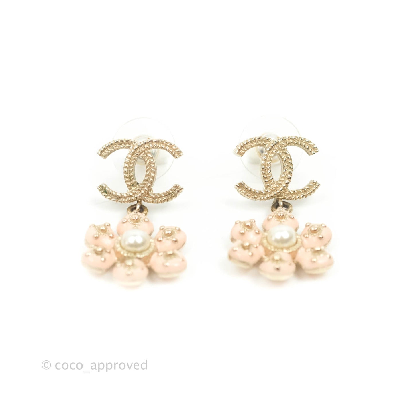 Chanel CC Pearl Flower Drop Earrings Gold Tone 18C