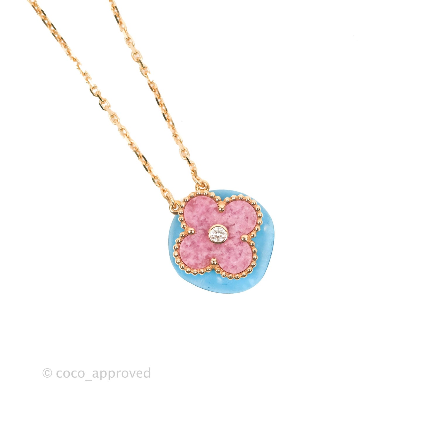 Van Cleef & Arpels Alhambra Diamond Rhodonite Necklace 18K Gold 2021 Holiday Pendant