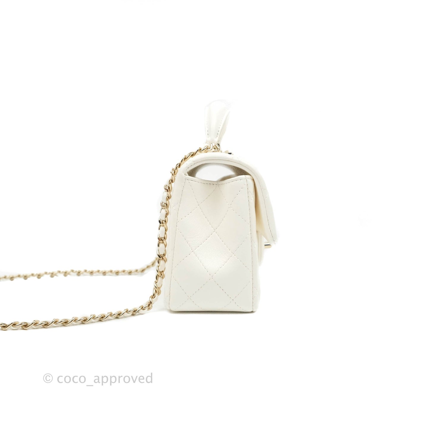 Chanel Top Handle Mini Rectangular Flap Bag with Charm White Lambskin Gold Hardware