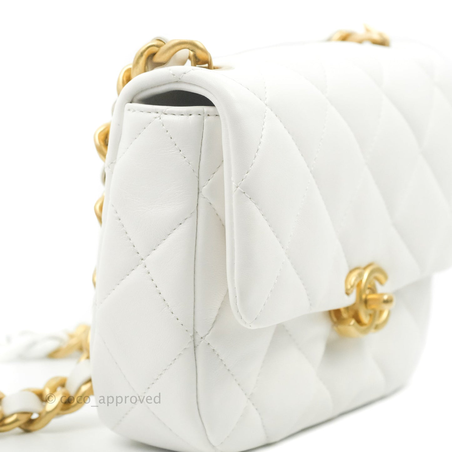 Chanel Small Flap Bag White Lambskin Aged Gold and Lacquered Metal 22S
