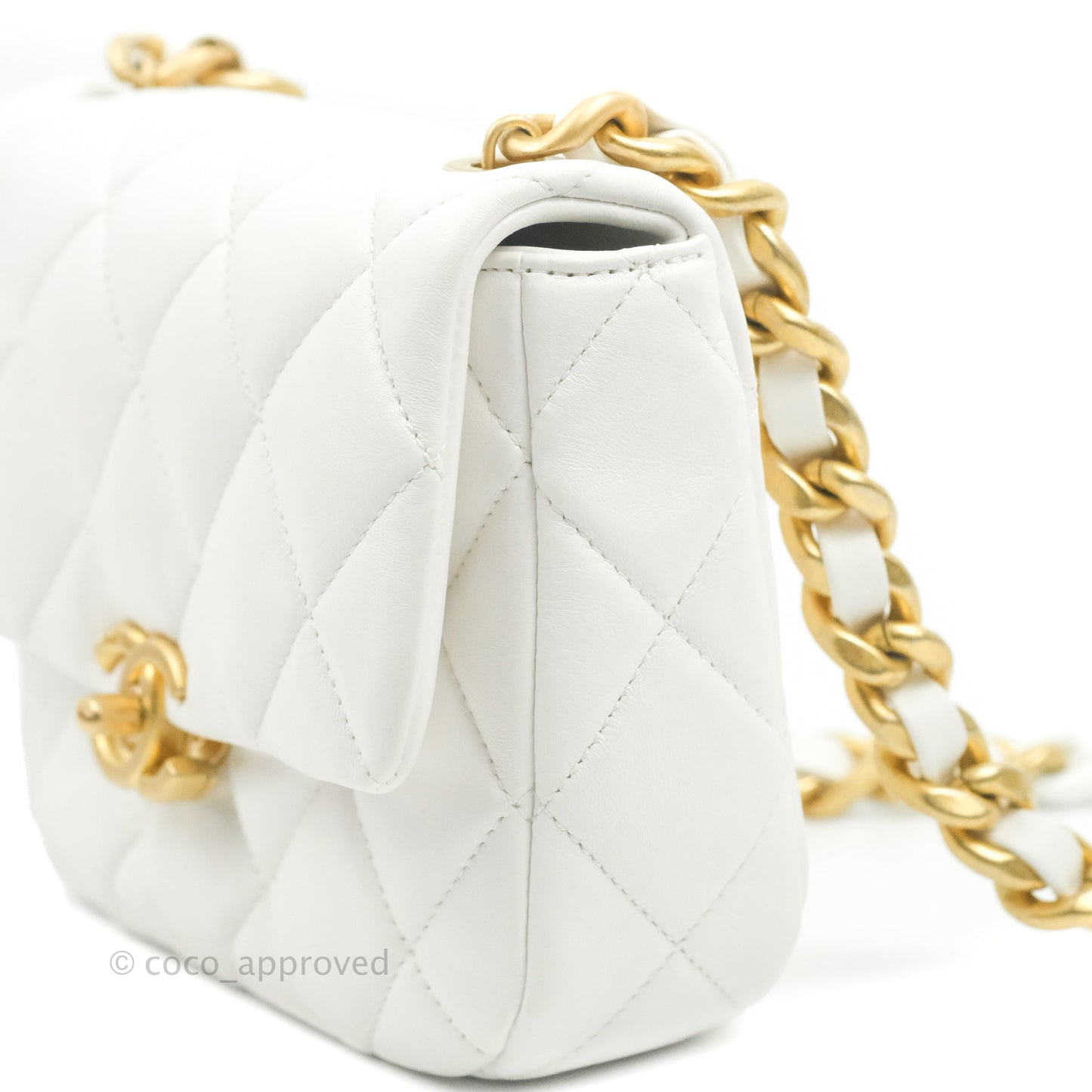 Chanel Small Flap Bag White Lambskin Aged Gold and Lacquered Metal 22S