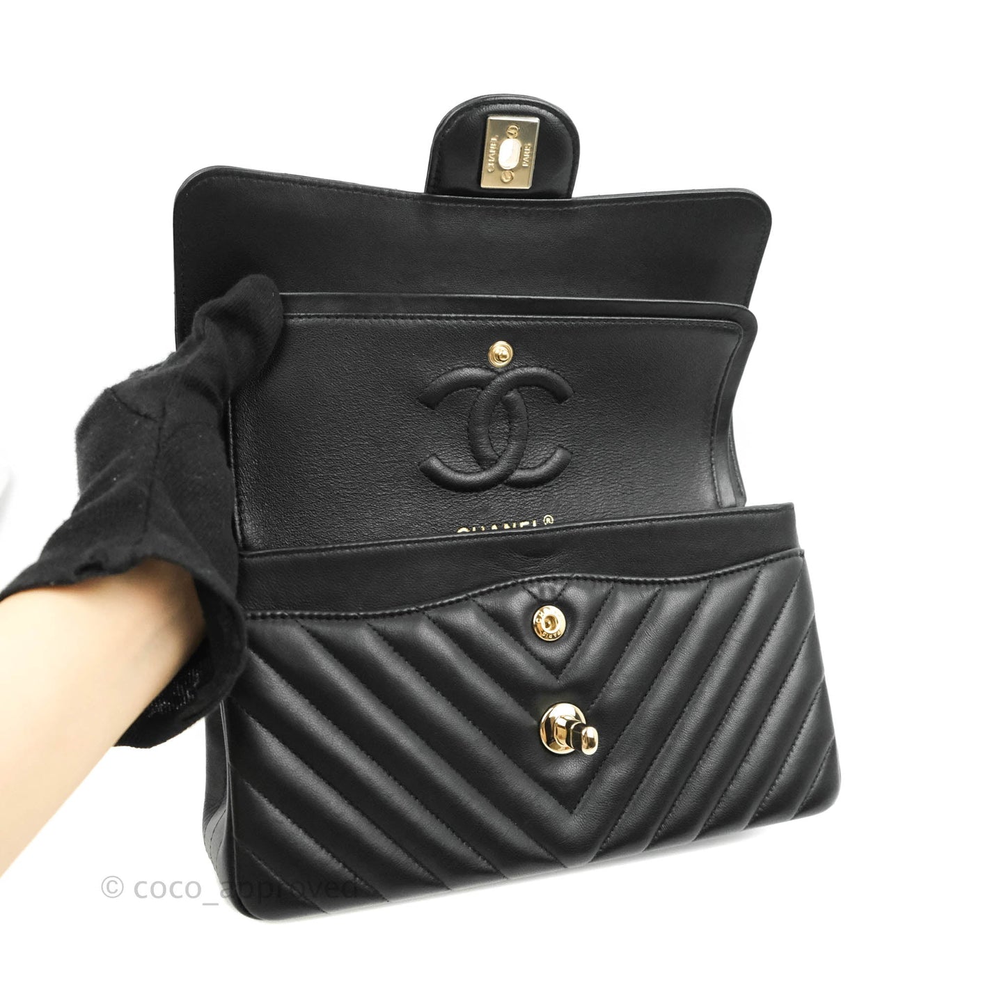 Chanel Classic Chevron S/M Small Double Flap Black Lambskin Gold Hardware