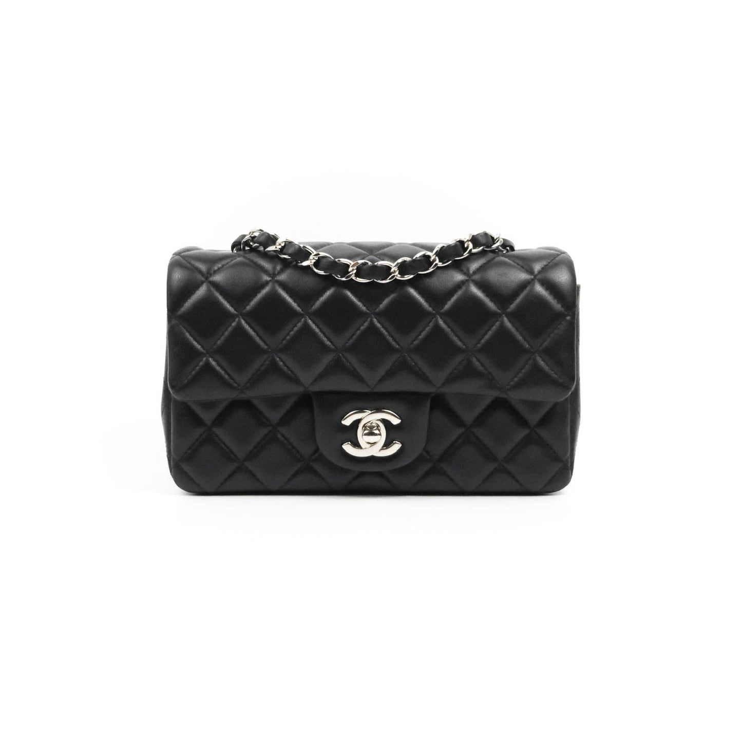 Chanel Quilted Mini Rectangular Flap Black Lambskin Silver Hardware