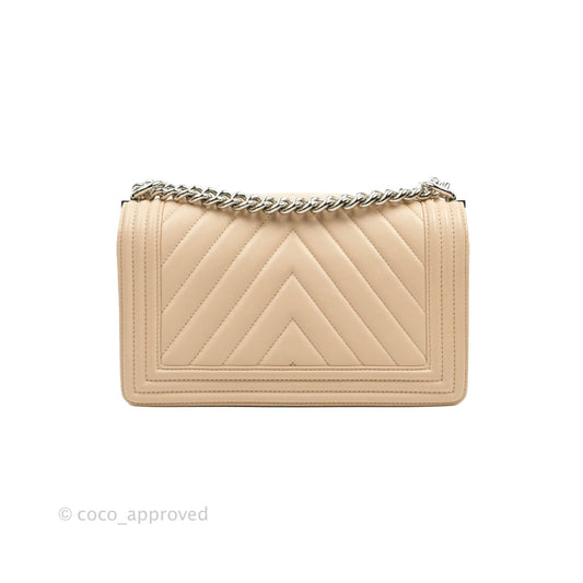 Chanel Chevron Medium Boy Light Pink Beige Calfskin Silver Hardware