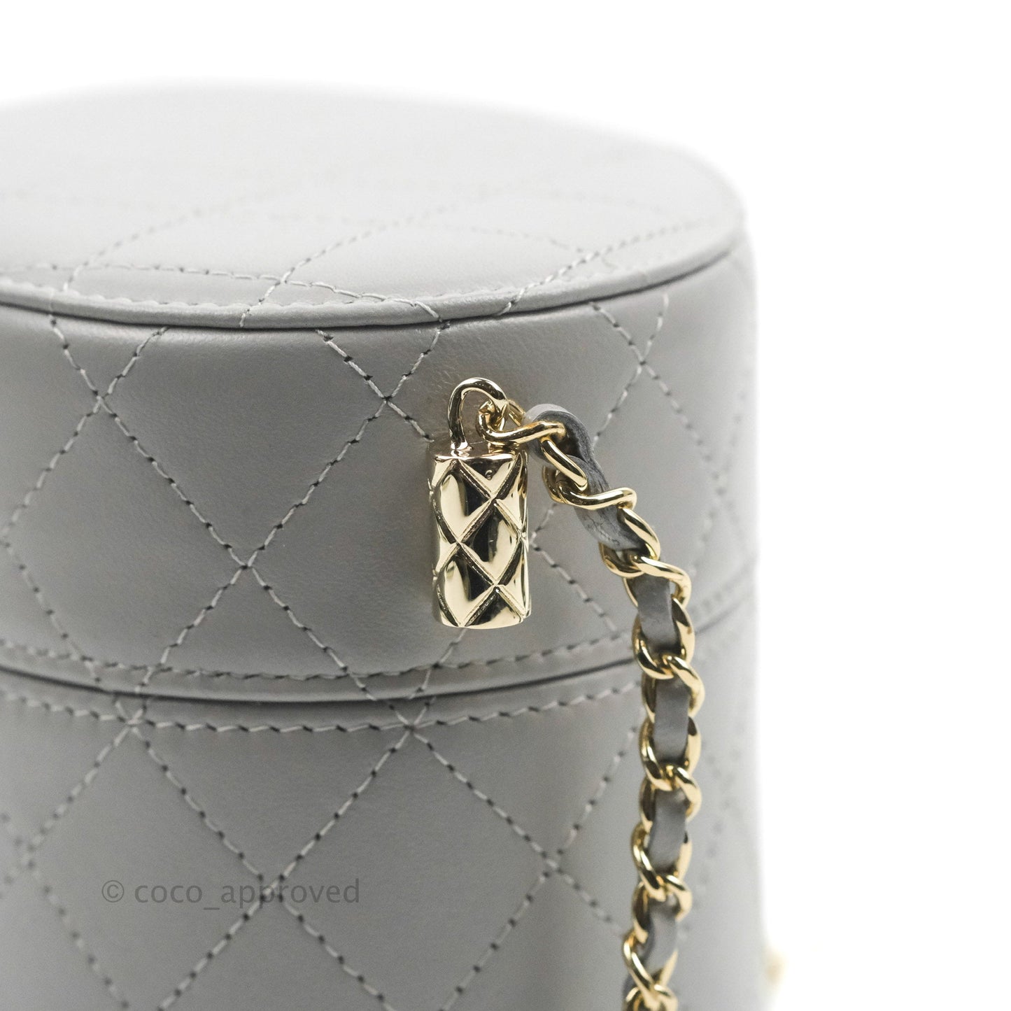 Chanel Quilted Round Vanity Clutch With Chain Grey Lambskin Gold Hardware