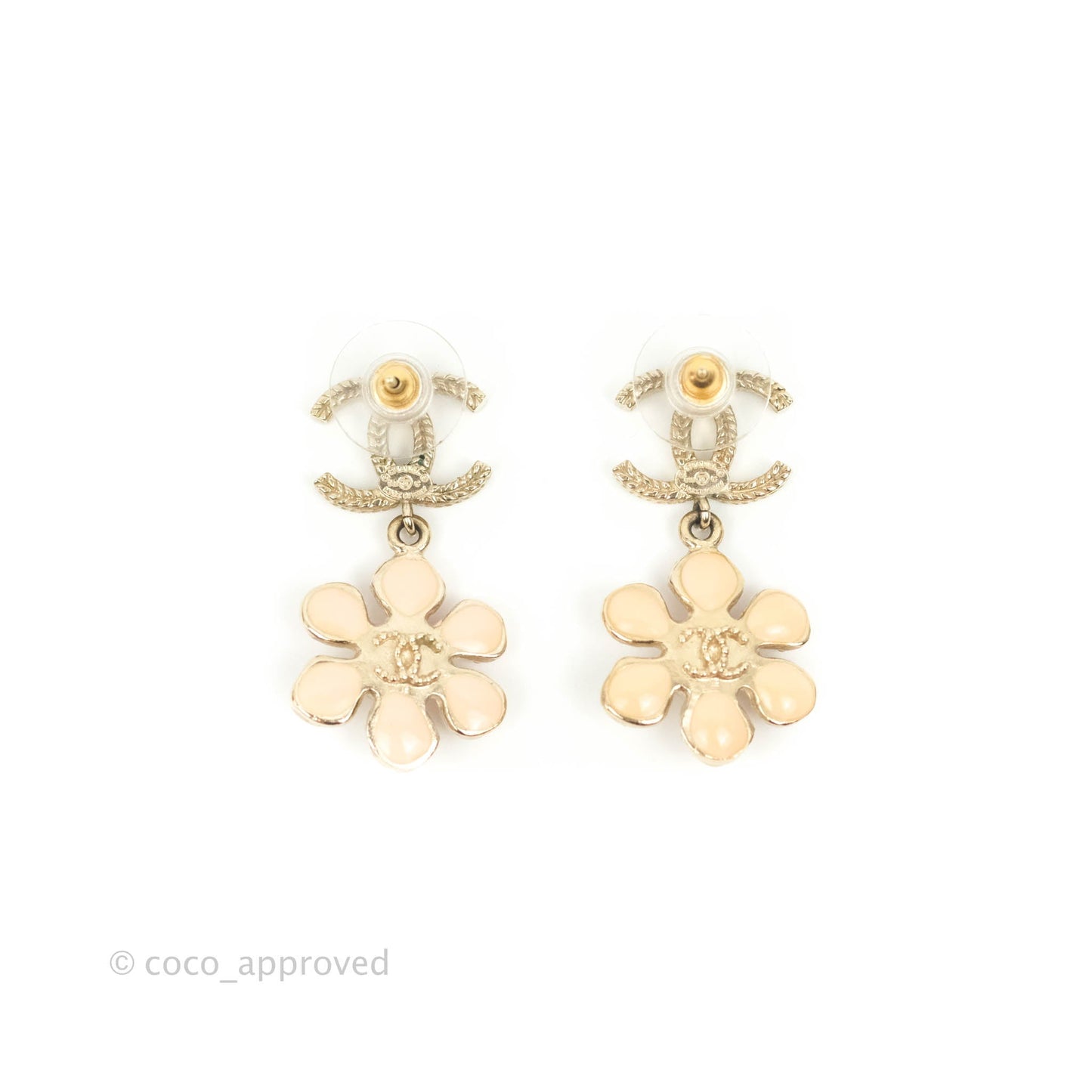 Chanel CC Pearl Flower Drop Earrings Gold Tone 18C