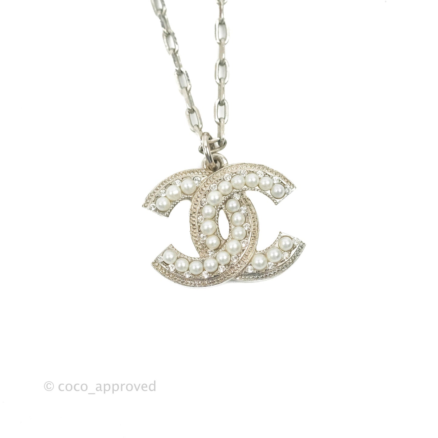 Chanel CC Pearl Necklace Silver Tone 18P
