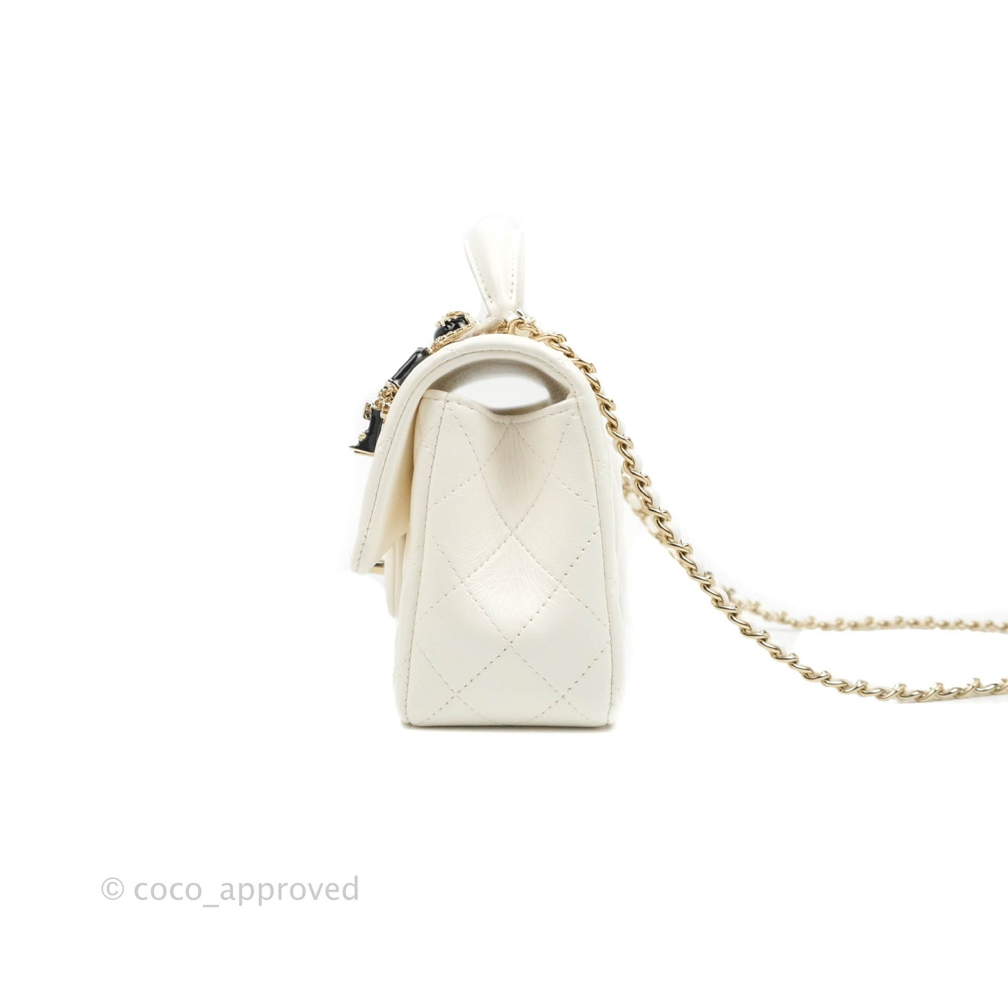 Chanel Top Handle Mini Rectangular Flap Bag with Charm White Lambskin Gold Hardware
