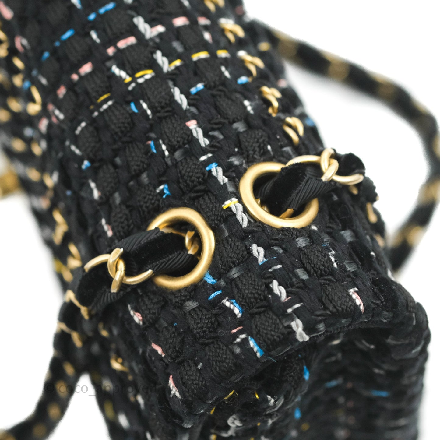 Chanel Medium Single Flap Black Tweed Chain Braid Aged Gold Hardware