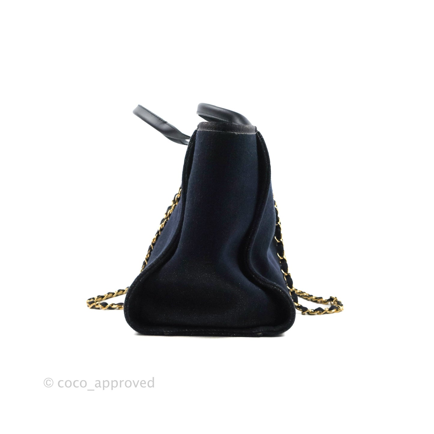 Chanel Canvas Large Deauville Tote Navy Glittery Gold Logo 19B