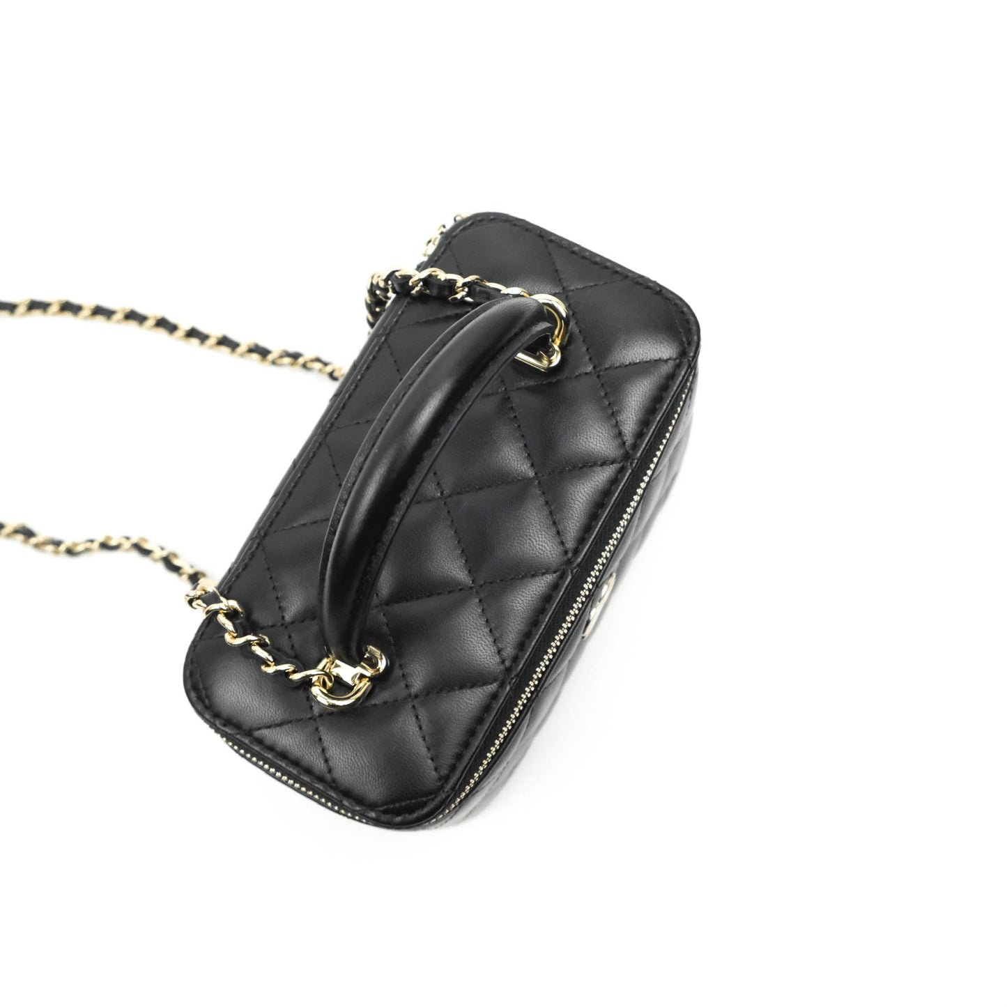Chanel Classic Vanity Rectangular Top Handle With Chain Black Lambskin Aged Gold Hardware