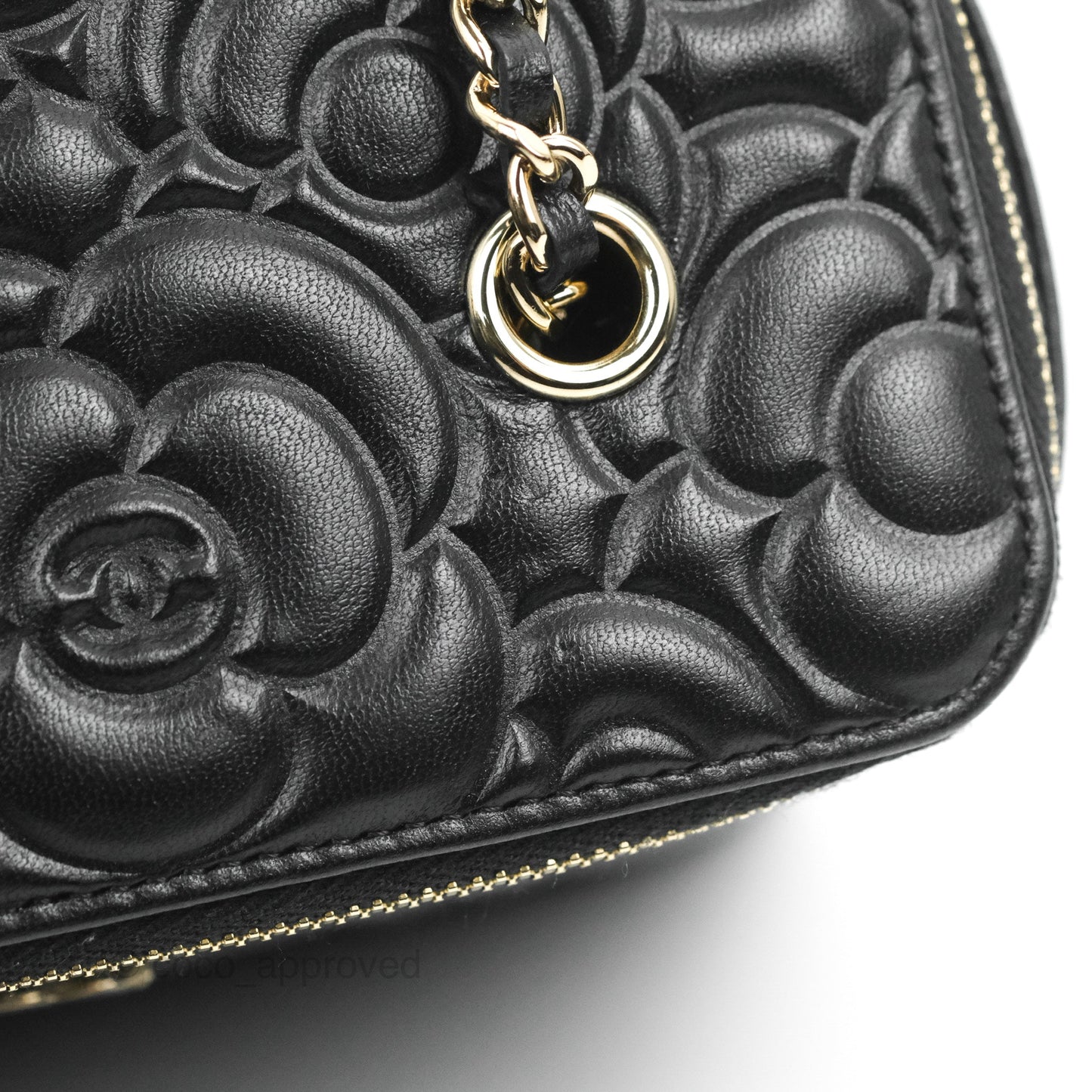 Chanel Vanity Rectangular Camellia Embossed Black Lambskin Gold Hardware