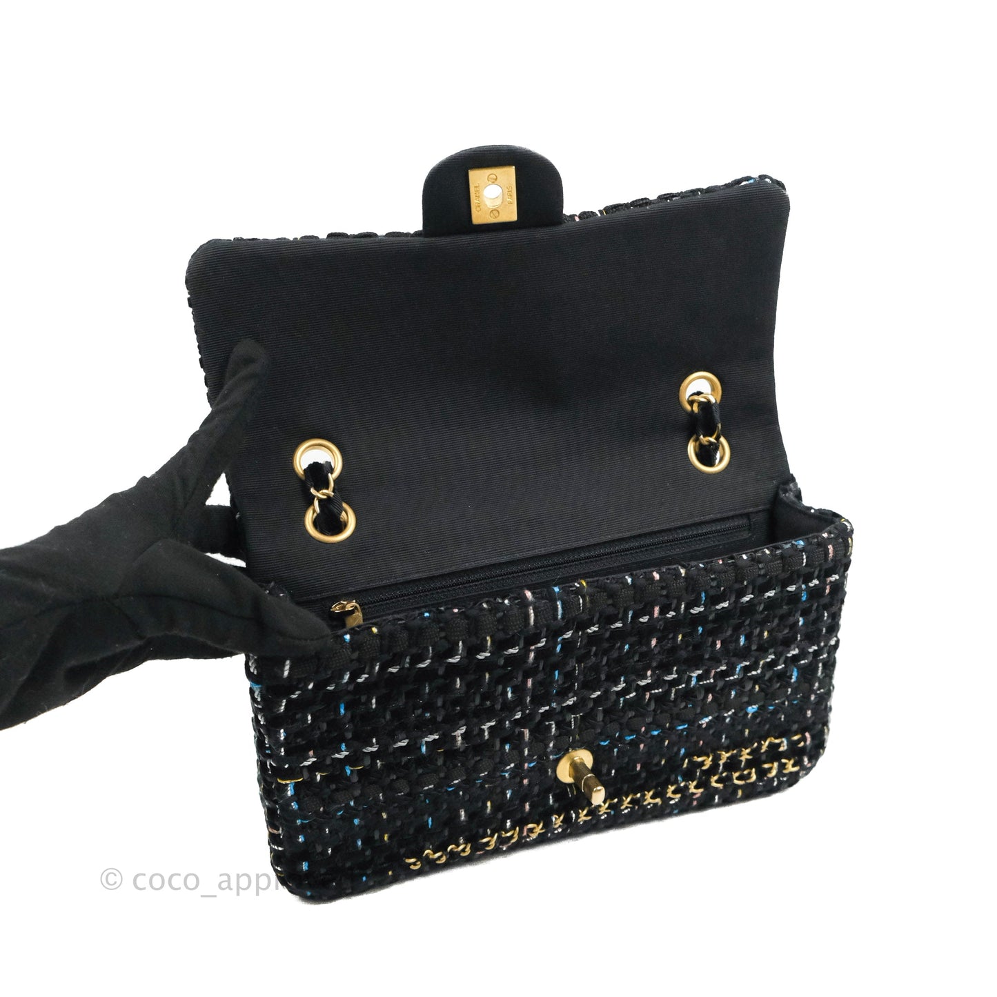 Chanel Medium Single Flap Black Tweed Chain Braid Aged Gold Hardware