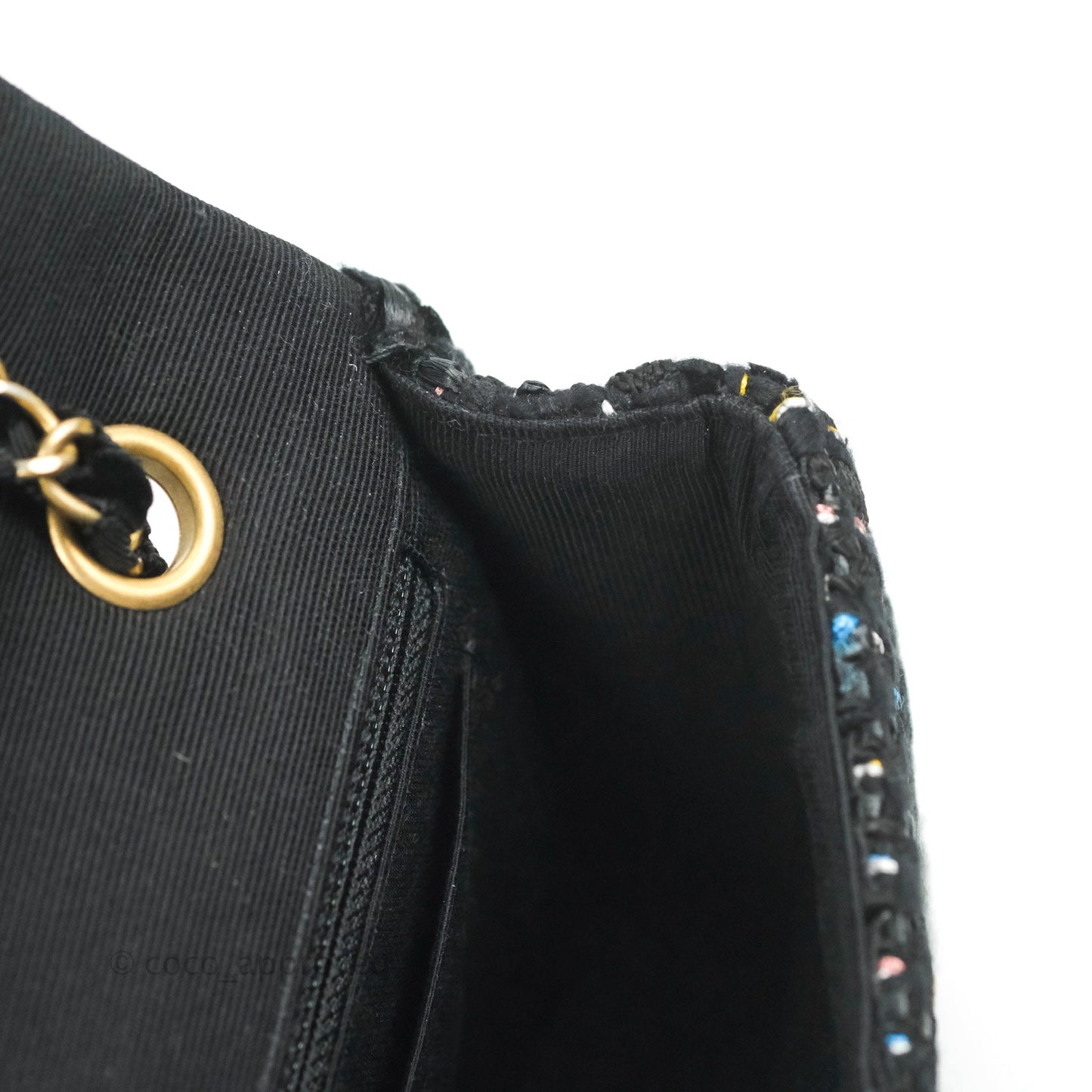 Chanel Medium Single Flap Black Tweed Chain Braid Aged Gold Hardware