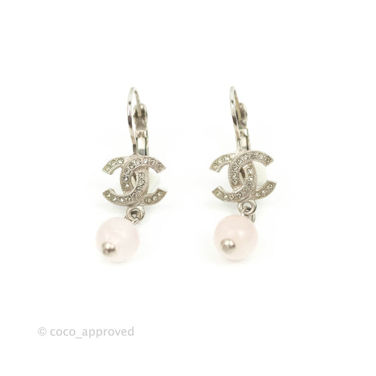 Chanel CC Rhinestone Drop Pink Resin Hoop Earrings Silver Tone 15S