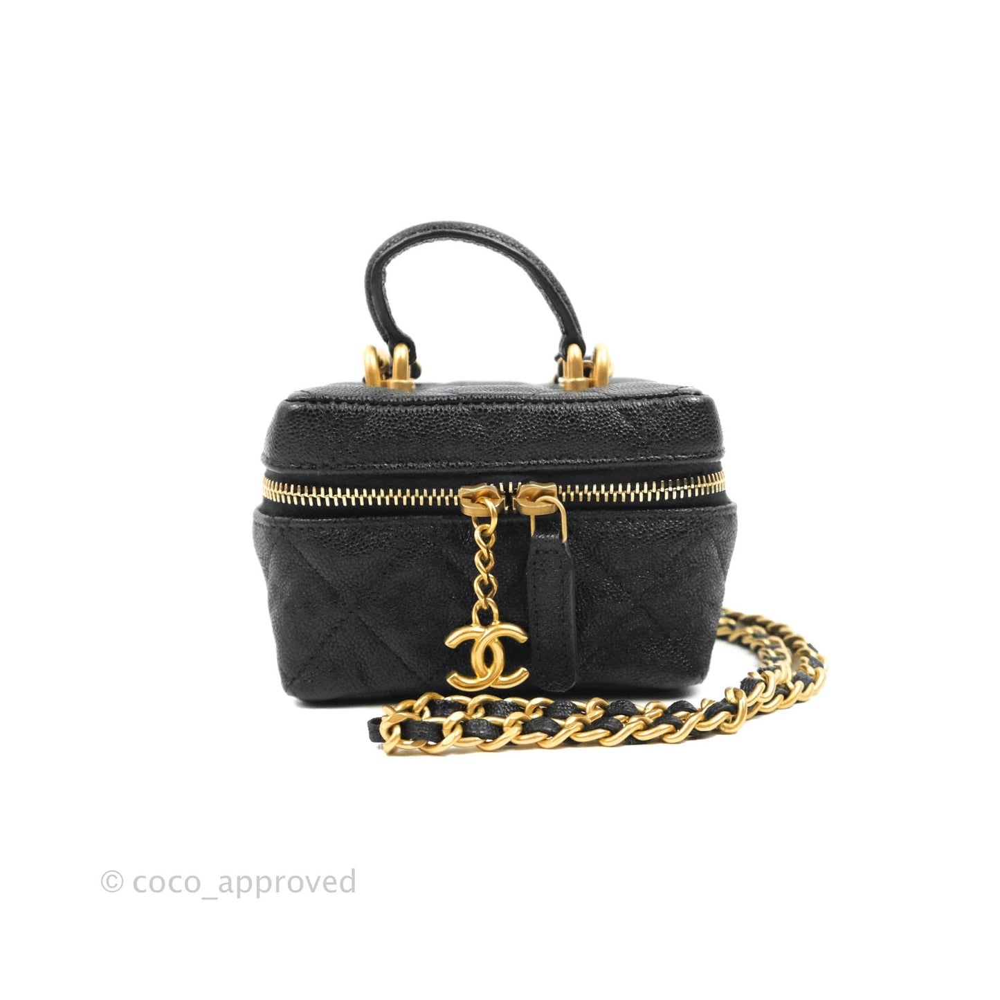 Chanel Quilted Mini Top Handle Vanity With Chain Black Caviar Aged Gold Hardware