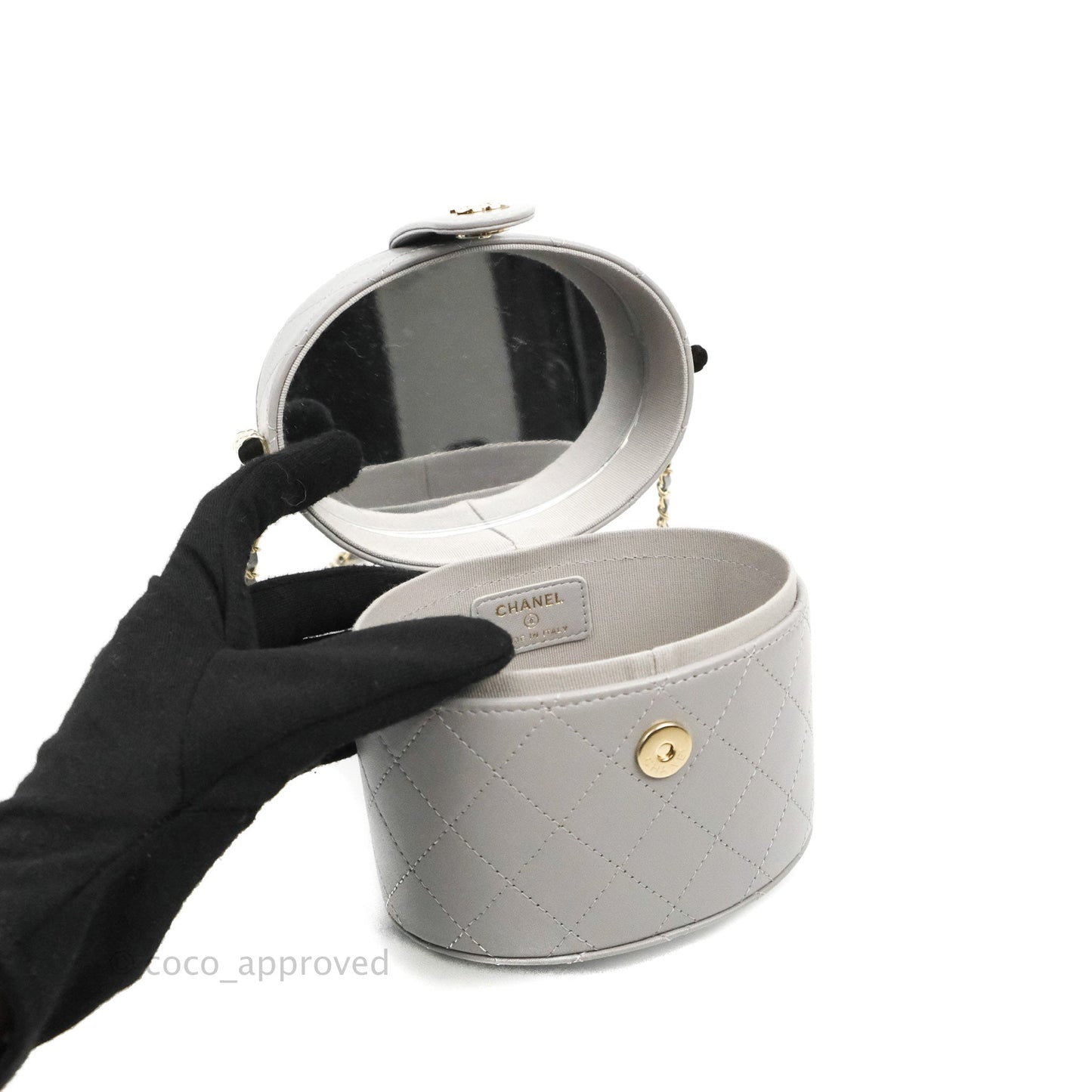 Chanel Quilted Round Vanity Clutch With Chain Grey Lambskin Gold Hardware