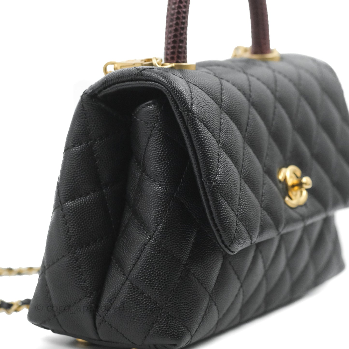 Chanel Small Coco Handle Quilted Black Caviar Aged Gold Hardware Lizard Handle