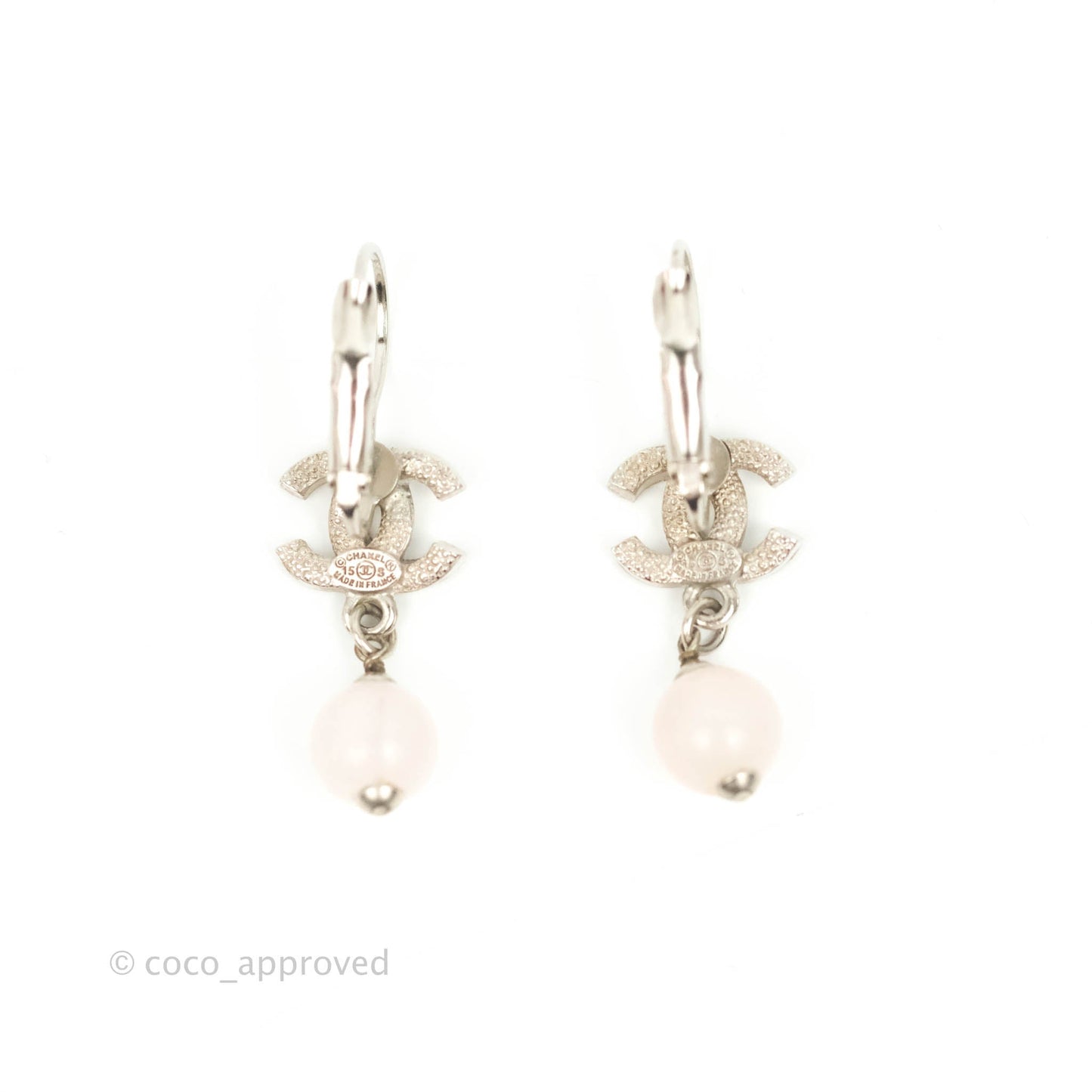Chanel CC Rhinestone Drop Pink Resin Hoop Earrings Silver Tone 15S