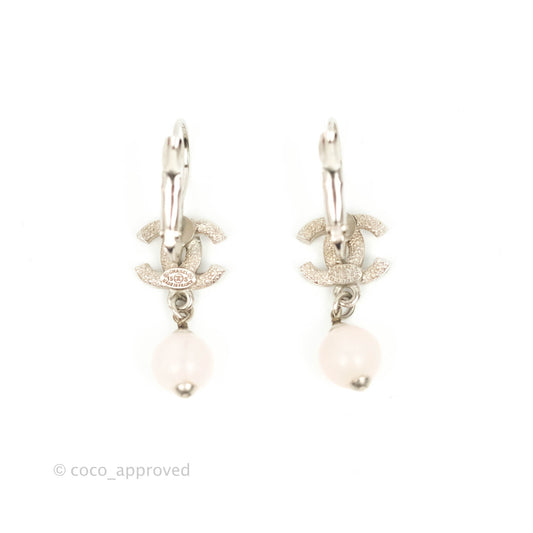 Chanel CC Rhinestone Drop Pink Resin Hoop Earrings Silver Tone 15S