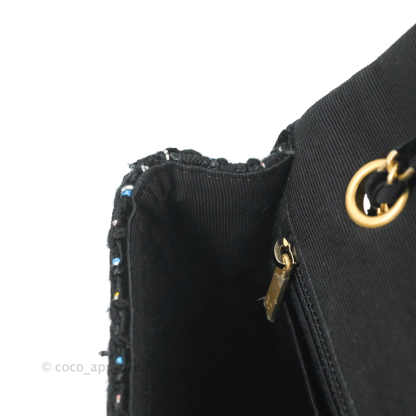 Chanel Medium Single Flap Black Tweed Chain Braid Aged Gold Hardware