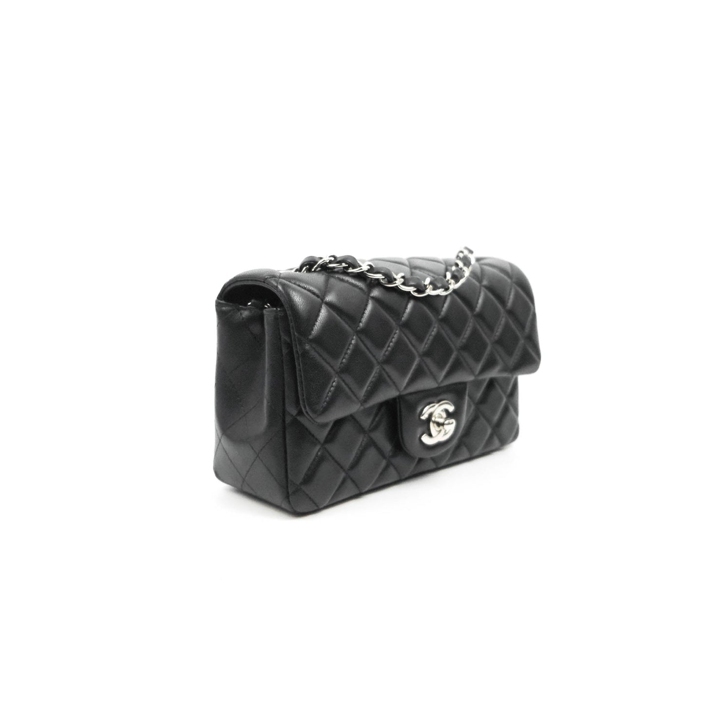 Chanel Quilted Mini Rectangular Flap Black Lambskin Silver Hardware