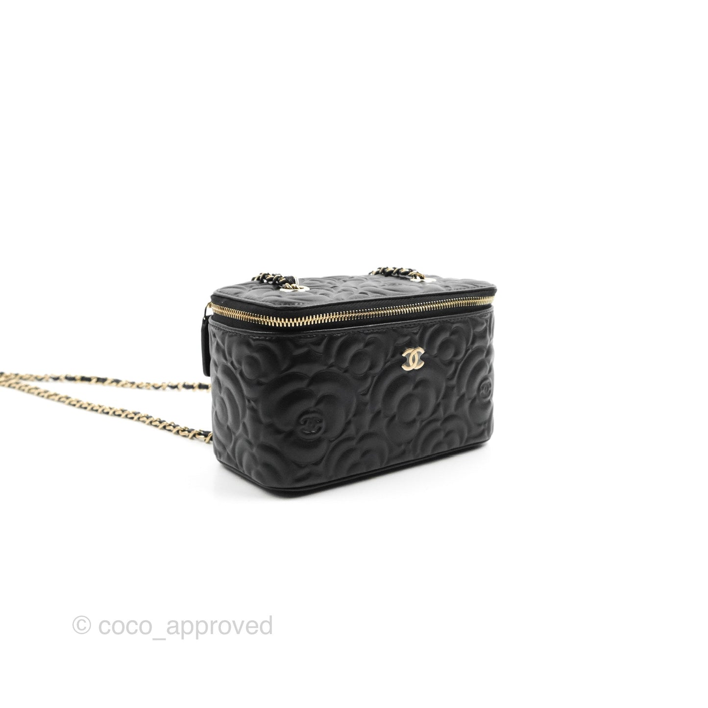 Chanel Vanity Rectangular Camellia Embossed Black Lambskin Gold Hardware