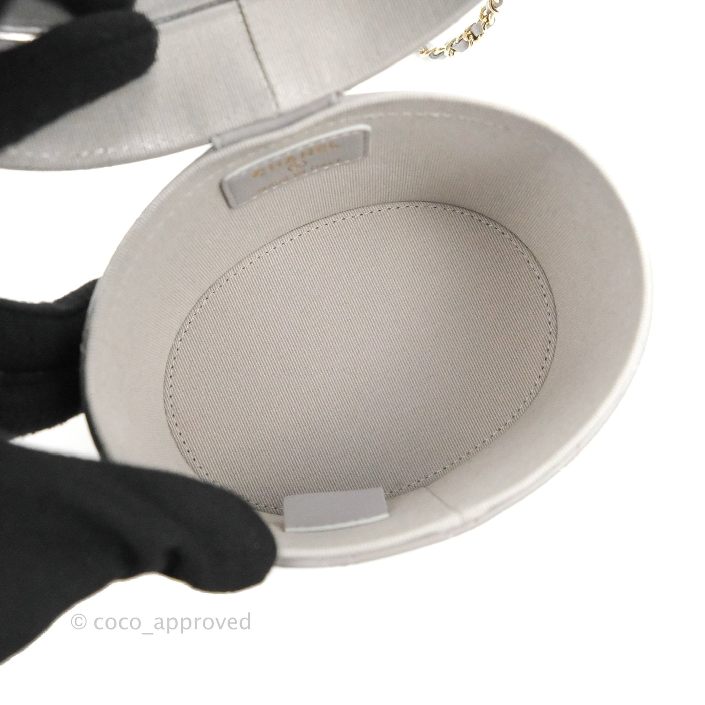 Chanel Quilted Round Vanity Clutch With Chain Grey Lambskin Gold Hardware