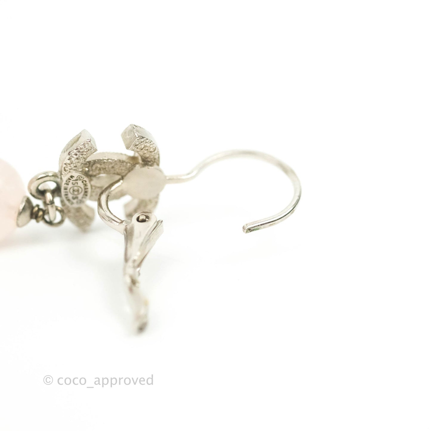 Chanel CC Rhinestone Drop Pink Resin Hoop Earrings Silver Tone 15S