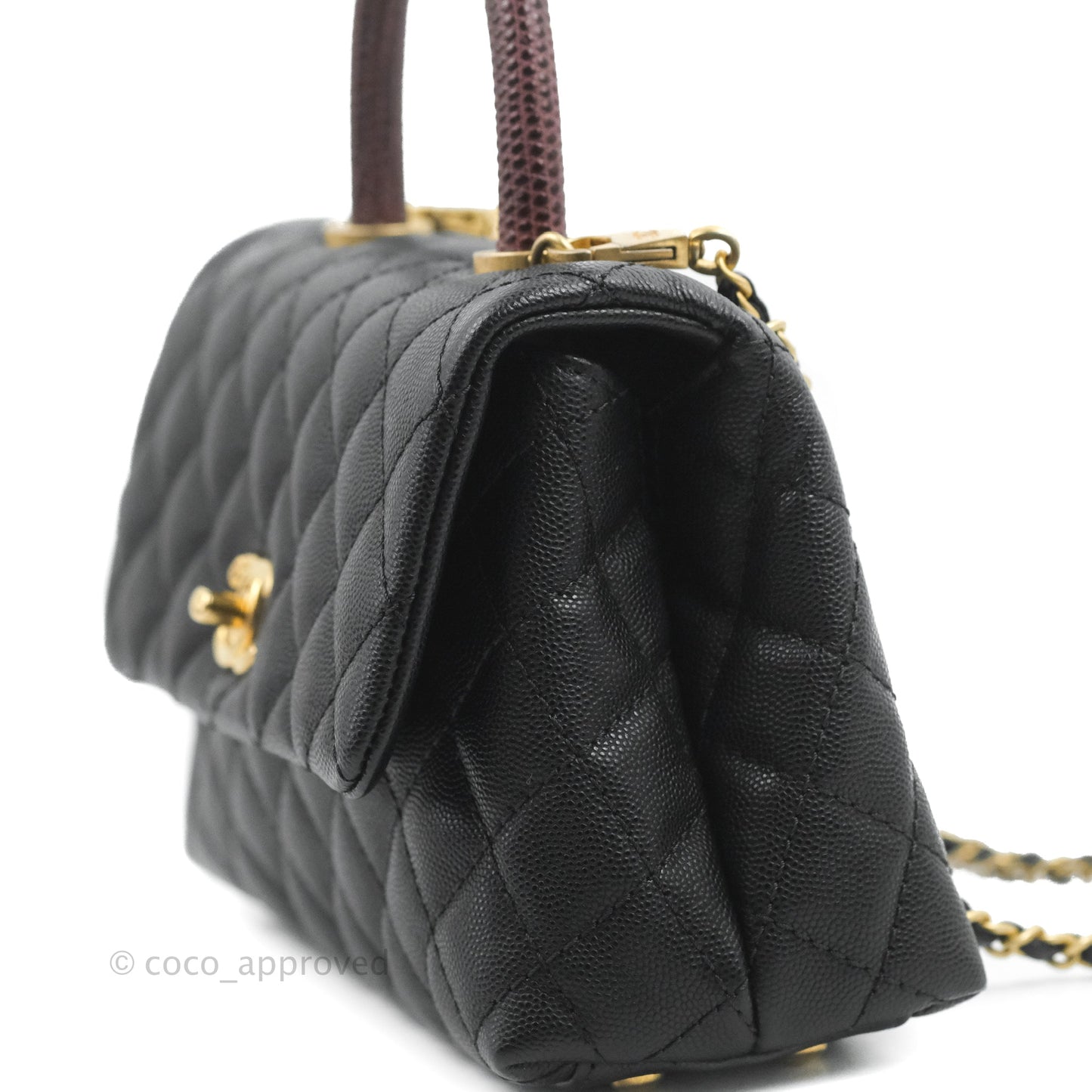 Chanel Small Coco Handle Quilted Black Caviar Aged Gold Hardware Lizard Handle