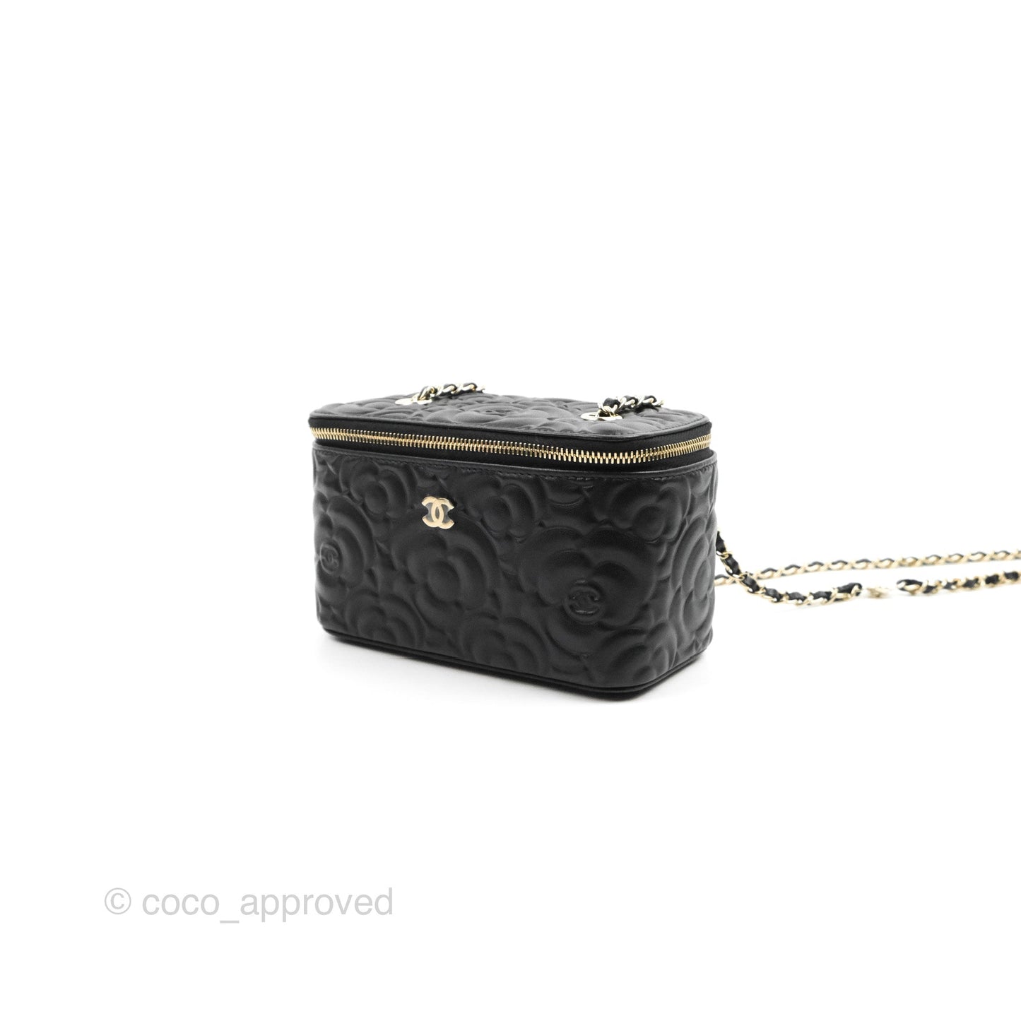 Chanel Vanity Rectangular Camellia Embossed Black Lambskin Gold Hardware