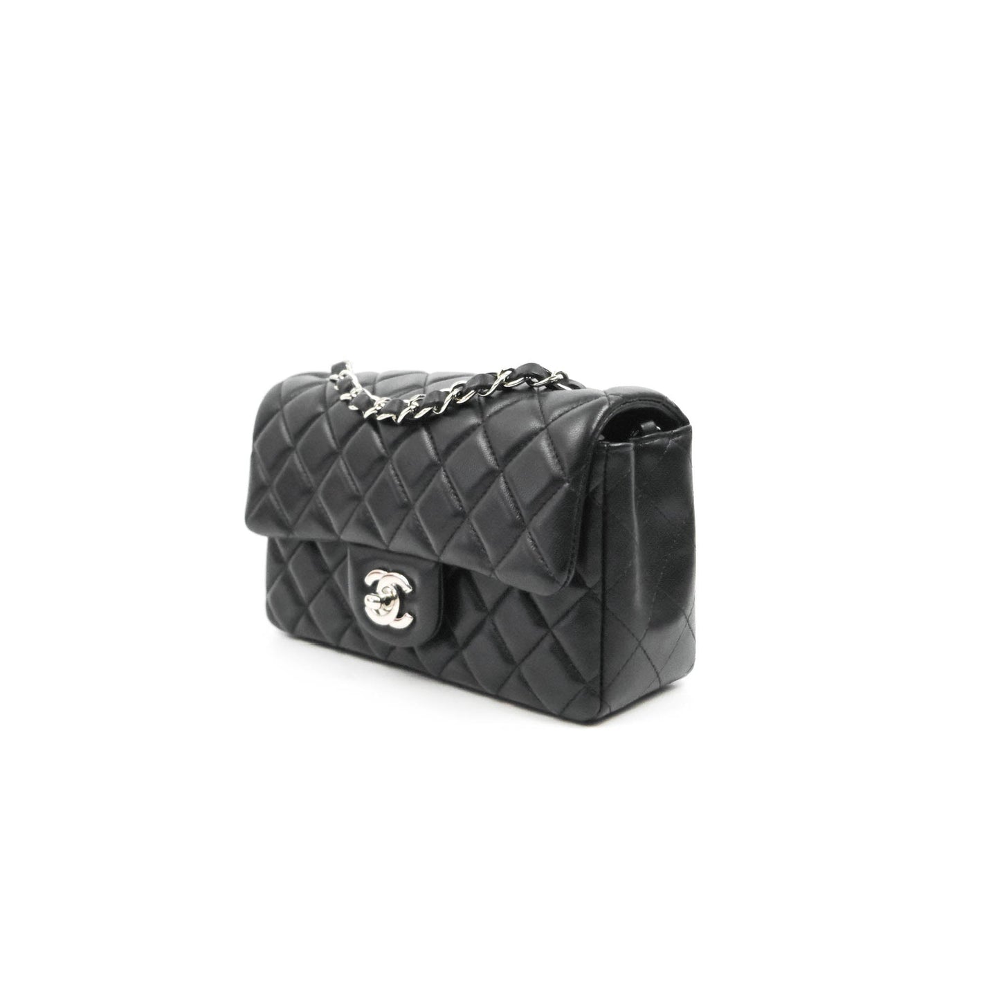 Chanel Quilted Mini Rectangular Flap Black Lambskin Silver Hardware