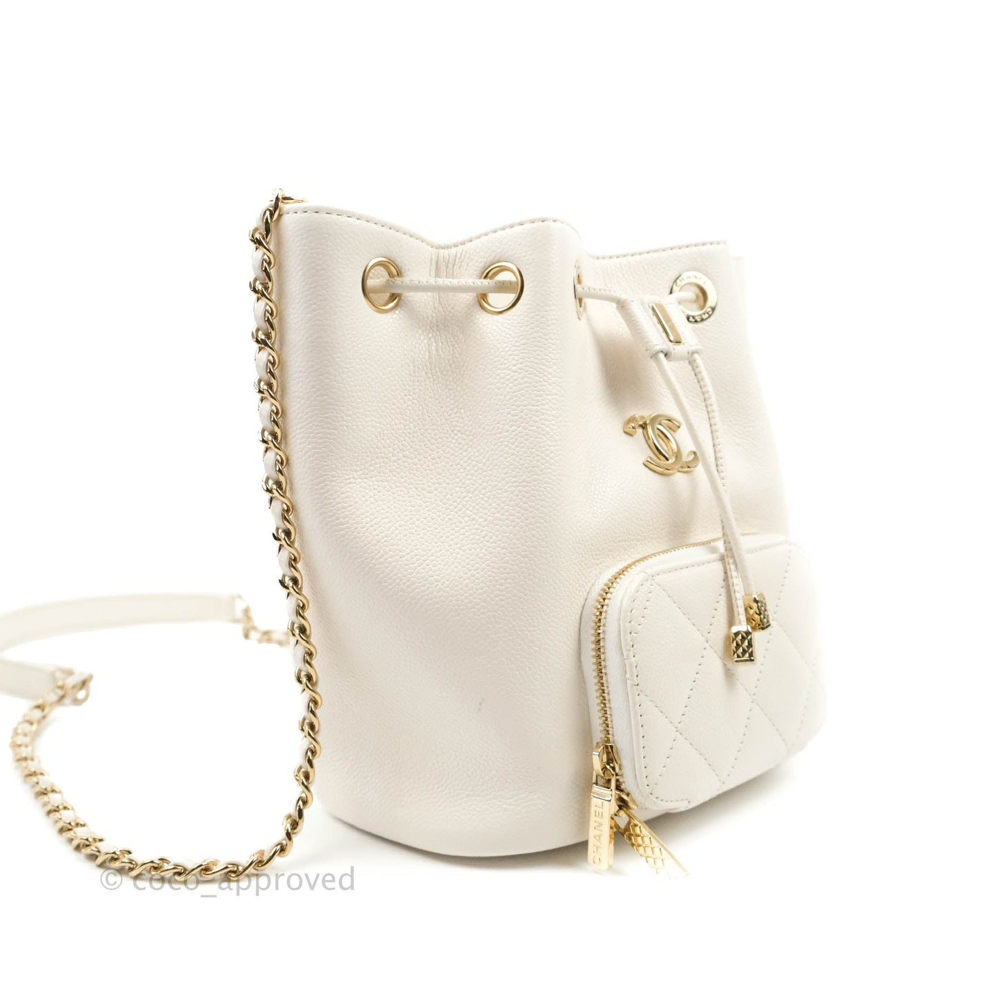 Chanel Business Affinity Drawstring Bucket Bag White Caviar Gold Hardware