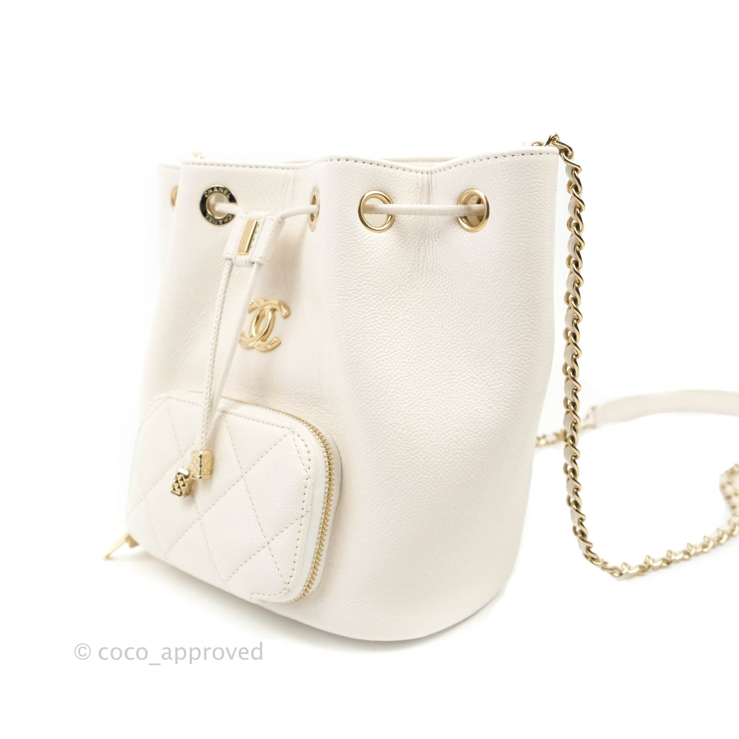 Chanel Business Affinity Drawstring Bucket Bag White Caviar Gold Hardware