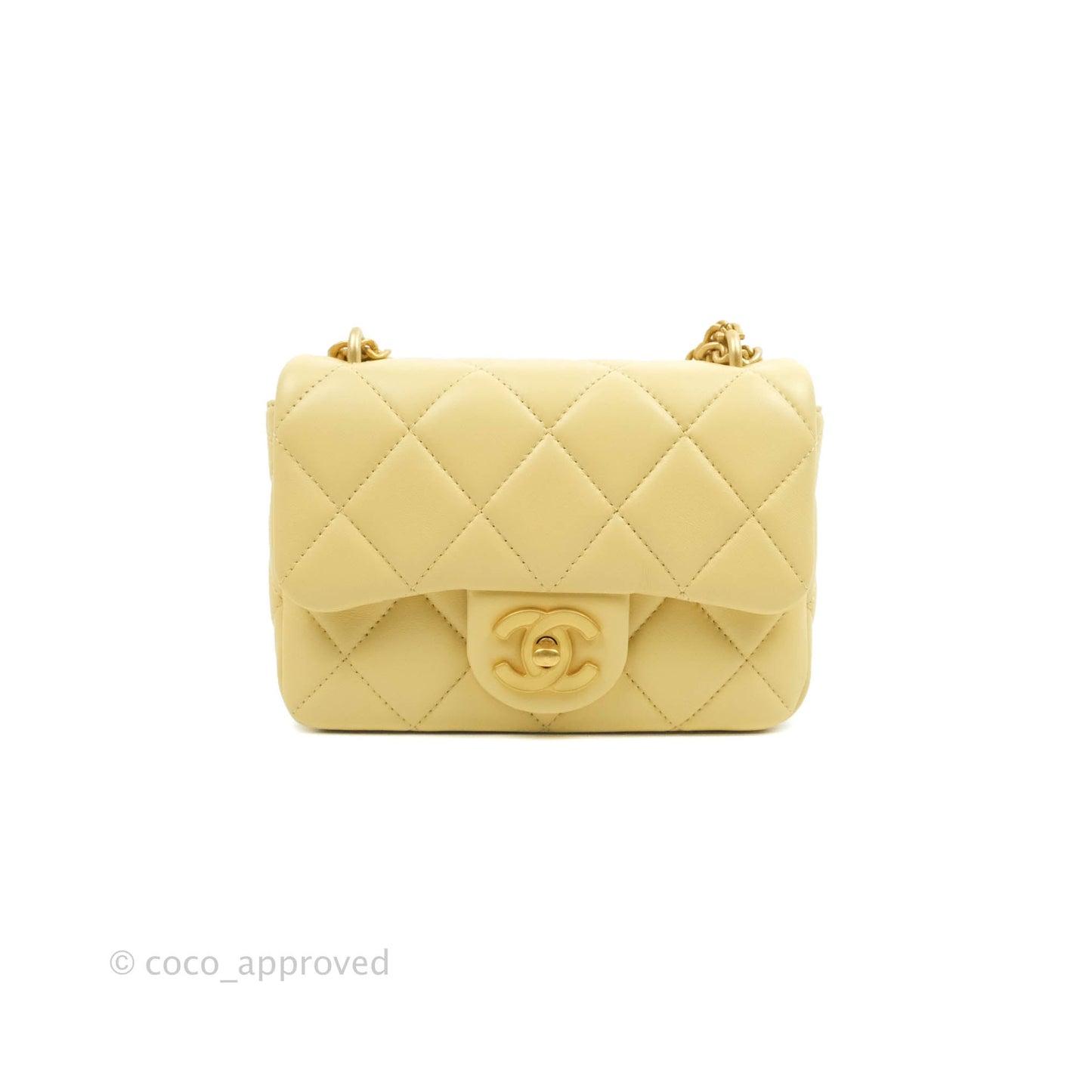 Chanel Enamel Quilted Pending CC Mini Square Flap Yellow Lambskin Aged Gold Hardware 22P