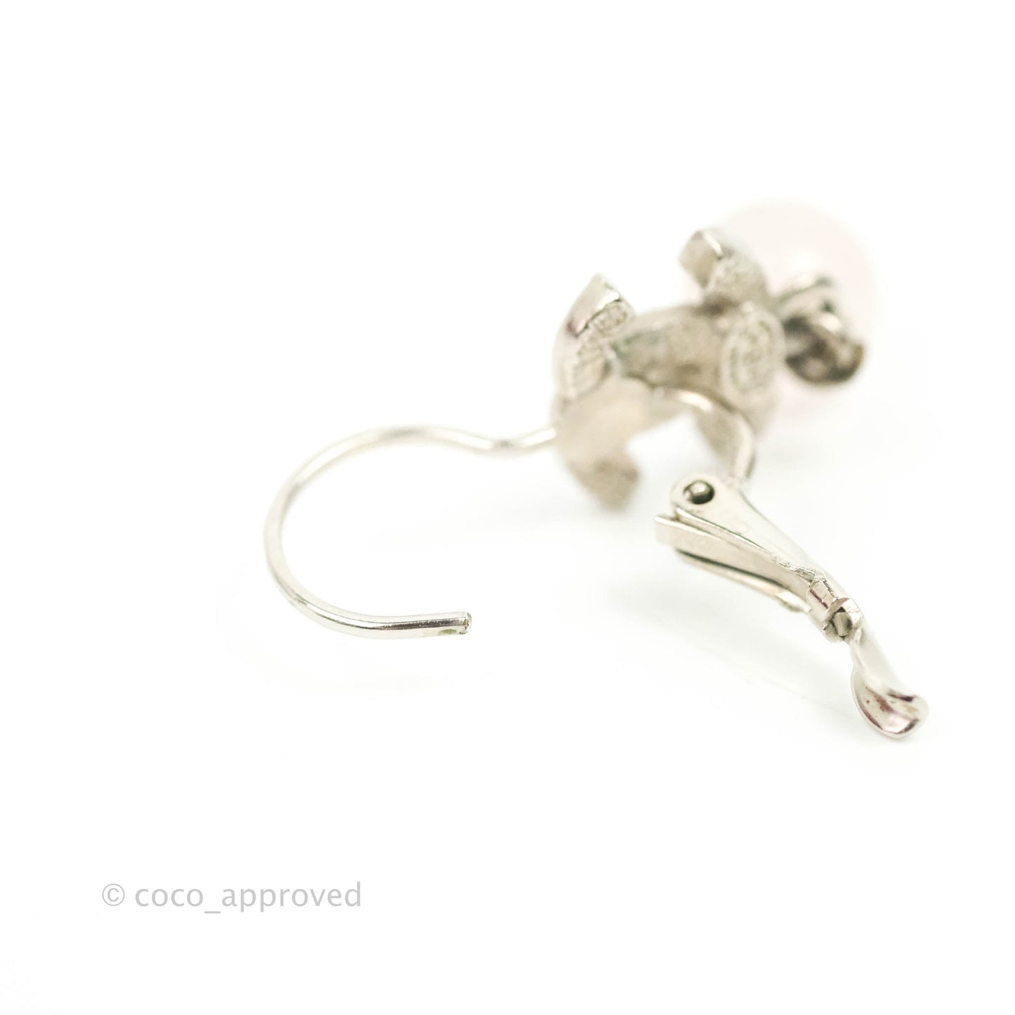 Chanel CC Rhinestone Drop Pink Resin Hoop Earrings Silver Tone 15S