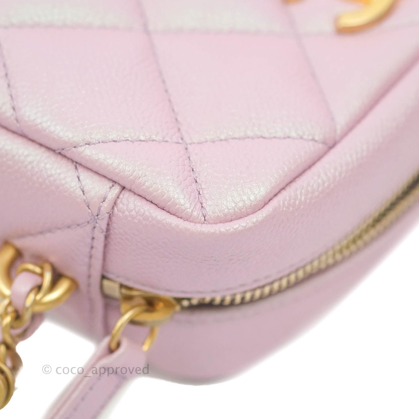 Chanel Quilted My Perfect Camera Case Iridescent Pink Caviar Aged Gold Hardware