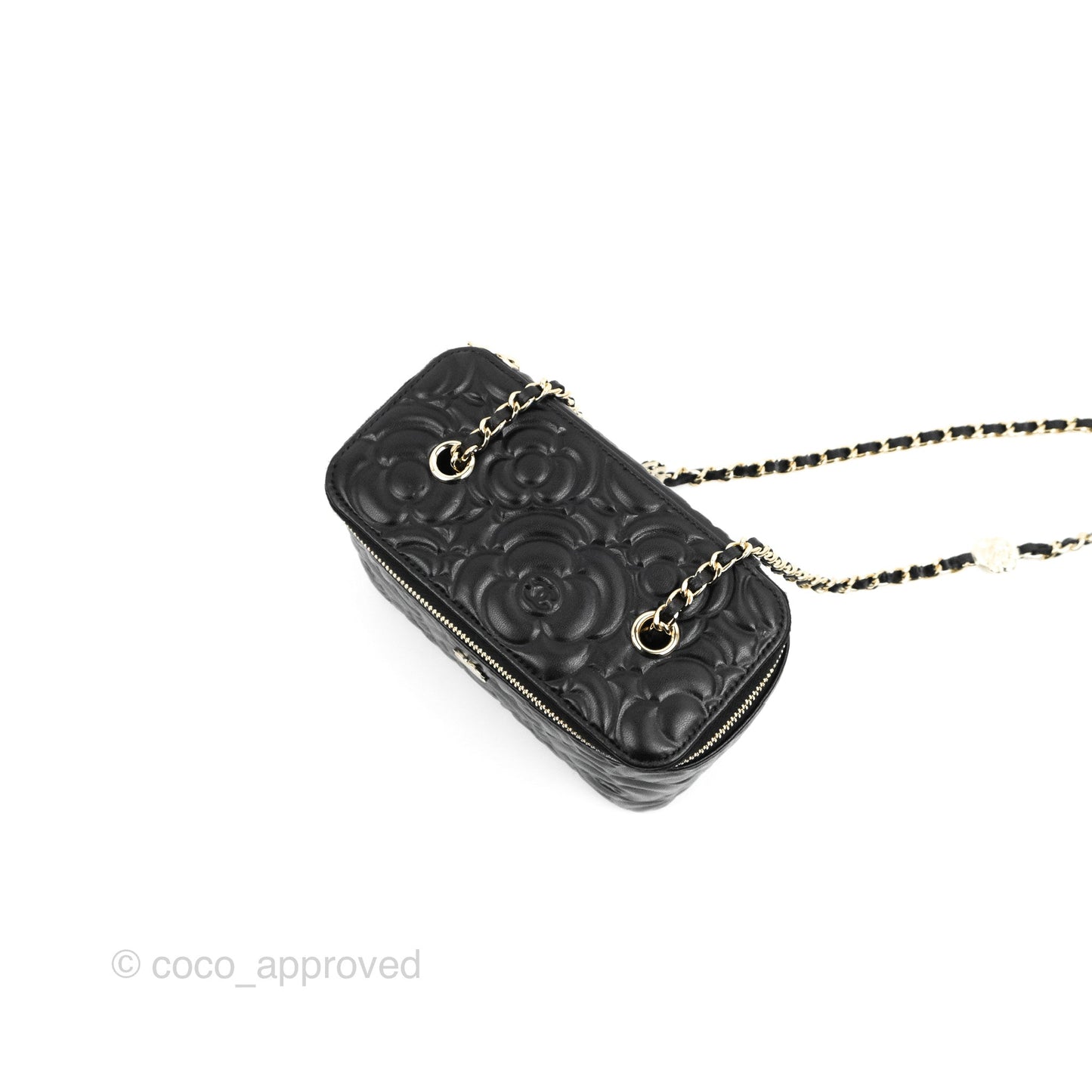 Chanel Vanity Rectangular Camellia Embossed Black Lambskin Gold Hardware