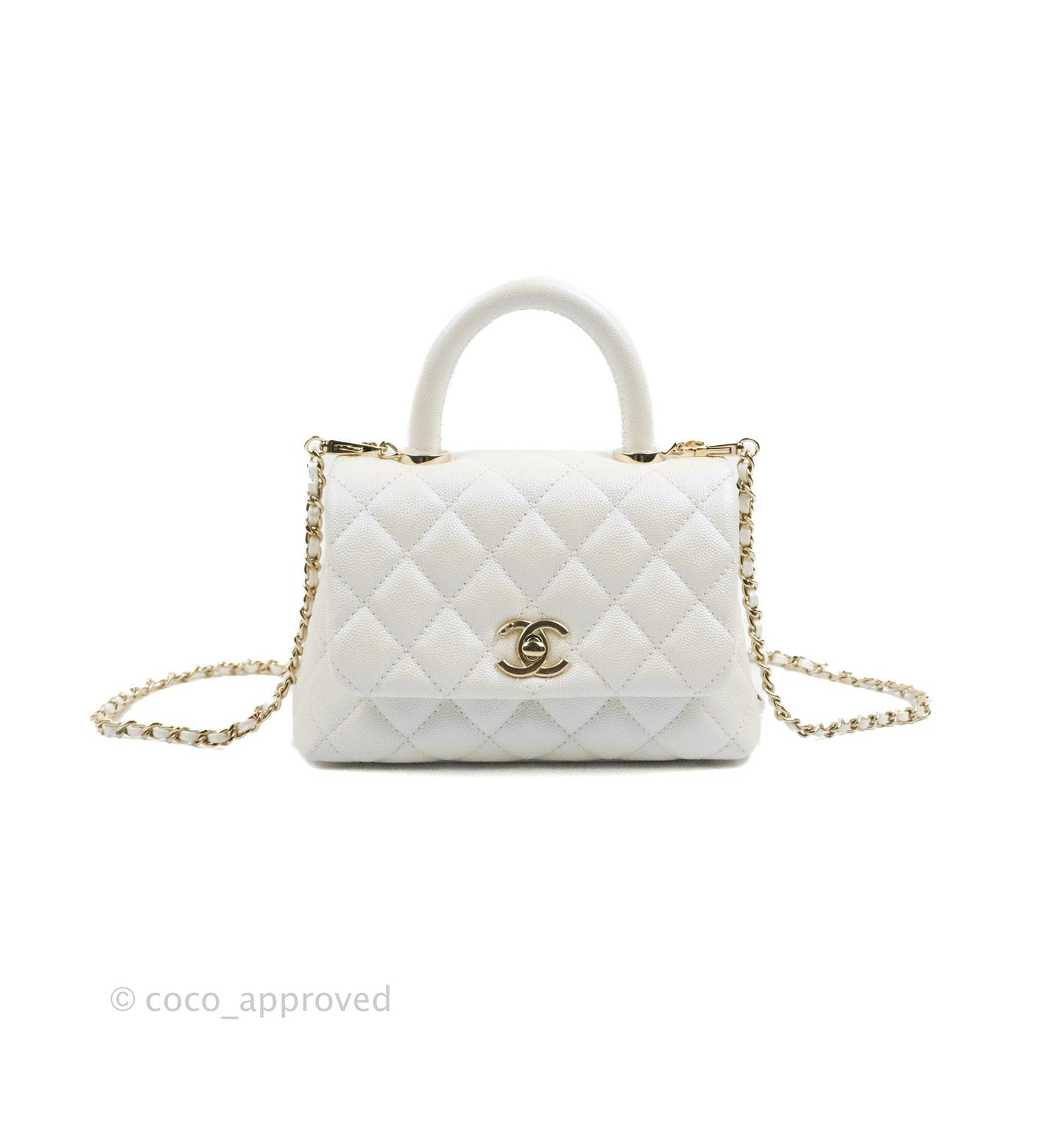 Chanel Mini Coco Handle Quilted Iridescent Pearl White Caviar Gold Hardware
