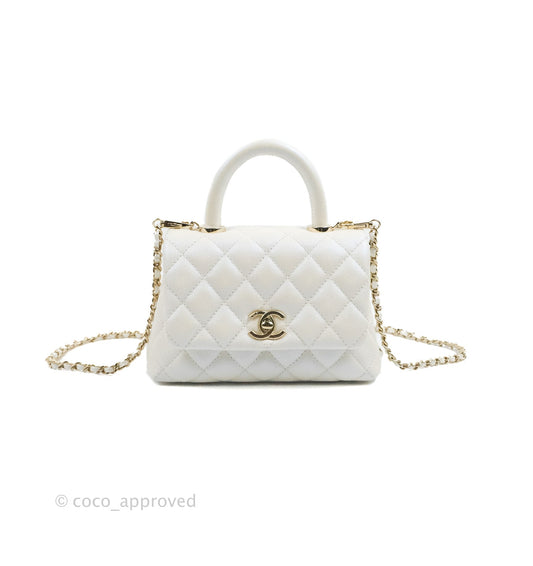 Chanel Mini Coco Handle Quilted Iridescent Pearl White Caviar Gold Hardware