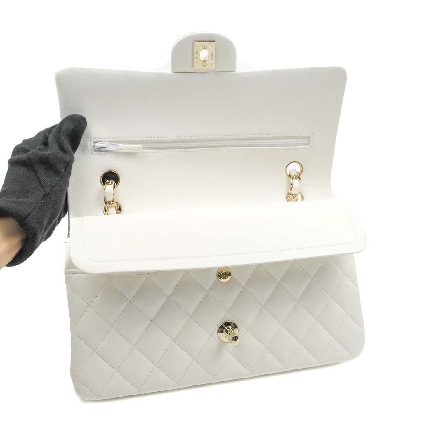 Chanel Quilted M/L Medium Double Flap White Lambskin Gold Hardware 21S