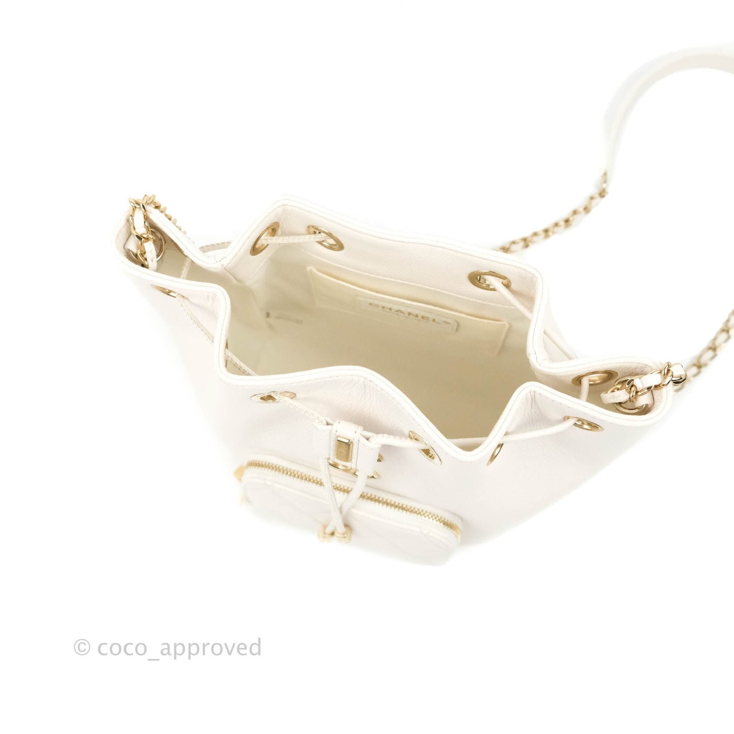 Chanel Business Affinity Drawstring Bucket Bag White Caviar Gold Hardware