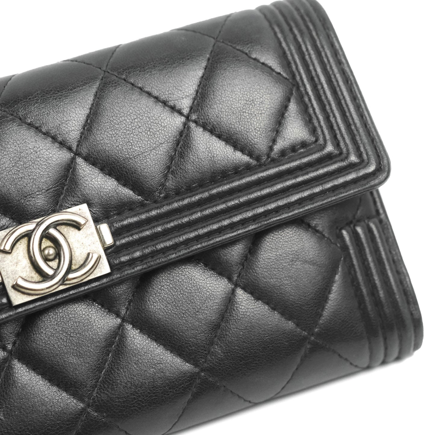 Chanel Quilted Boy Flap Long Wallet Black Lambskin Ruthentium Hardware