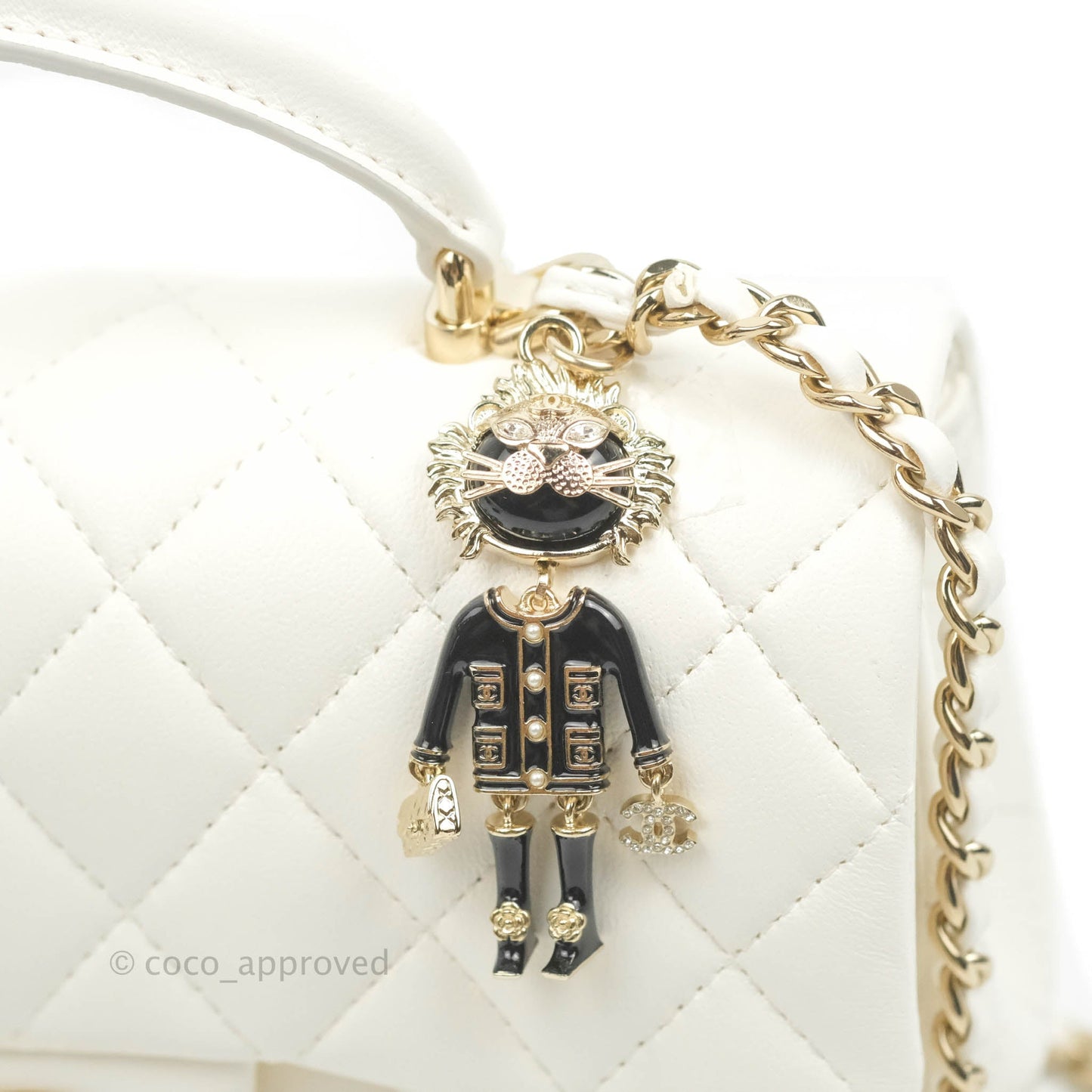 Chanel Top Handle Mini Rectangular Flap Bag with Charm White Lambskin Gold Hardware