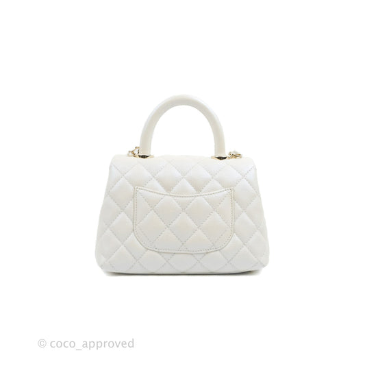 Chanel Mini Coco Handle Quilted Iridescent Pearl White Caviar Gold Hardware