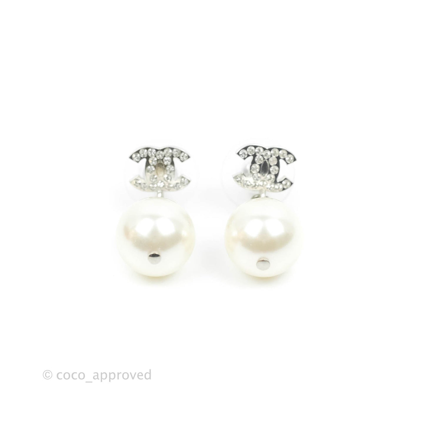 Chanel CC Rhinestone Pearl Drop Earrings Silver Tone 20V