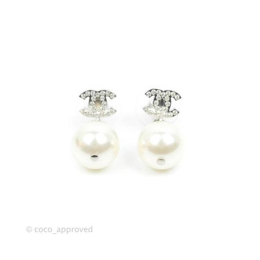 Chanel CC Rhinestone Pearl Drop Earrings Silver Tone 20V