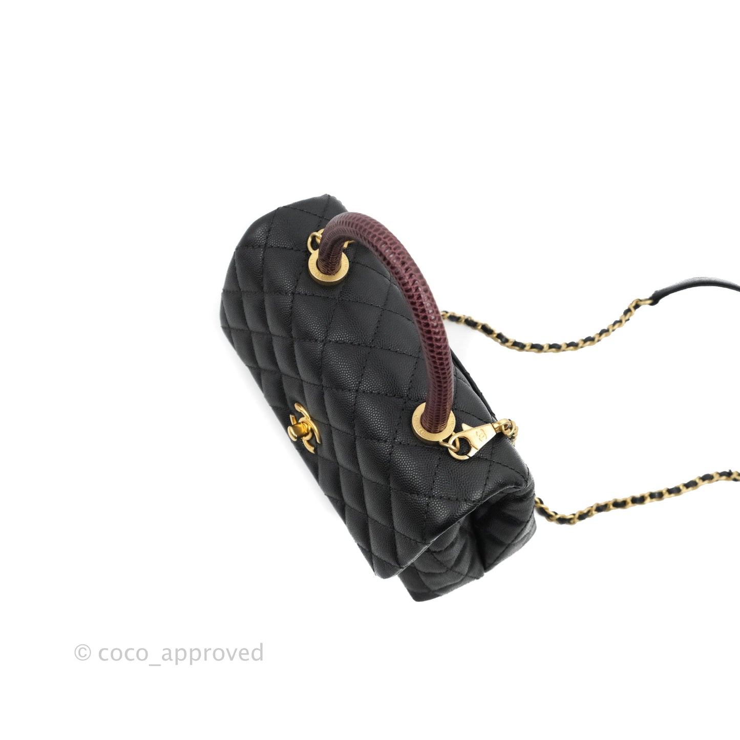 Chanel Small Coco Handle Quilted Black Caviar Aged Gold Hardware Lizard Handle