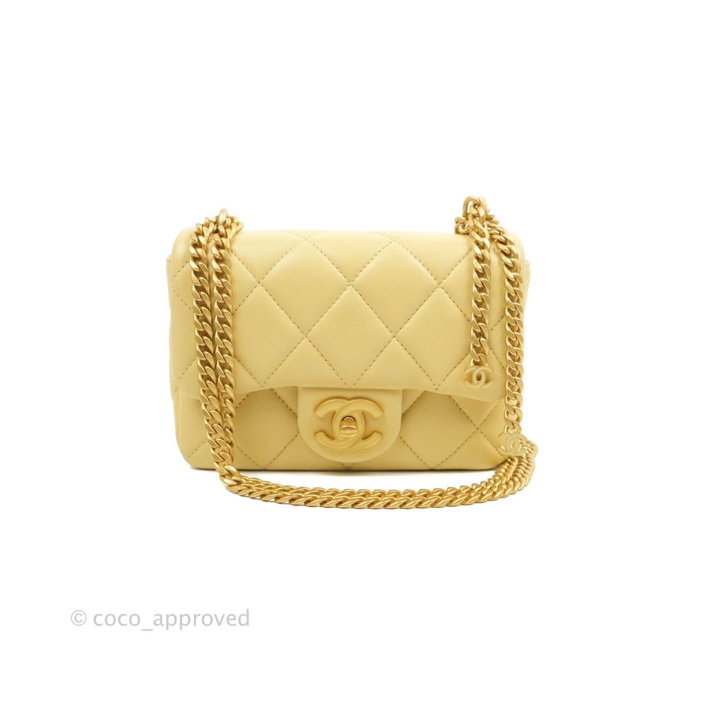 Chanel Enamel Quilted Pending CC Mini Square Flap Yellow Lambskin Aged Gold Hardware 22P