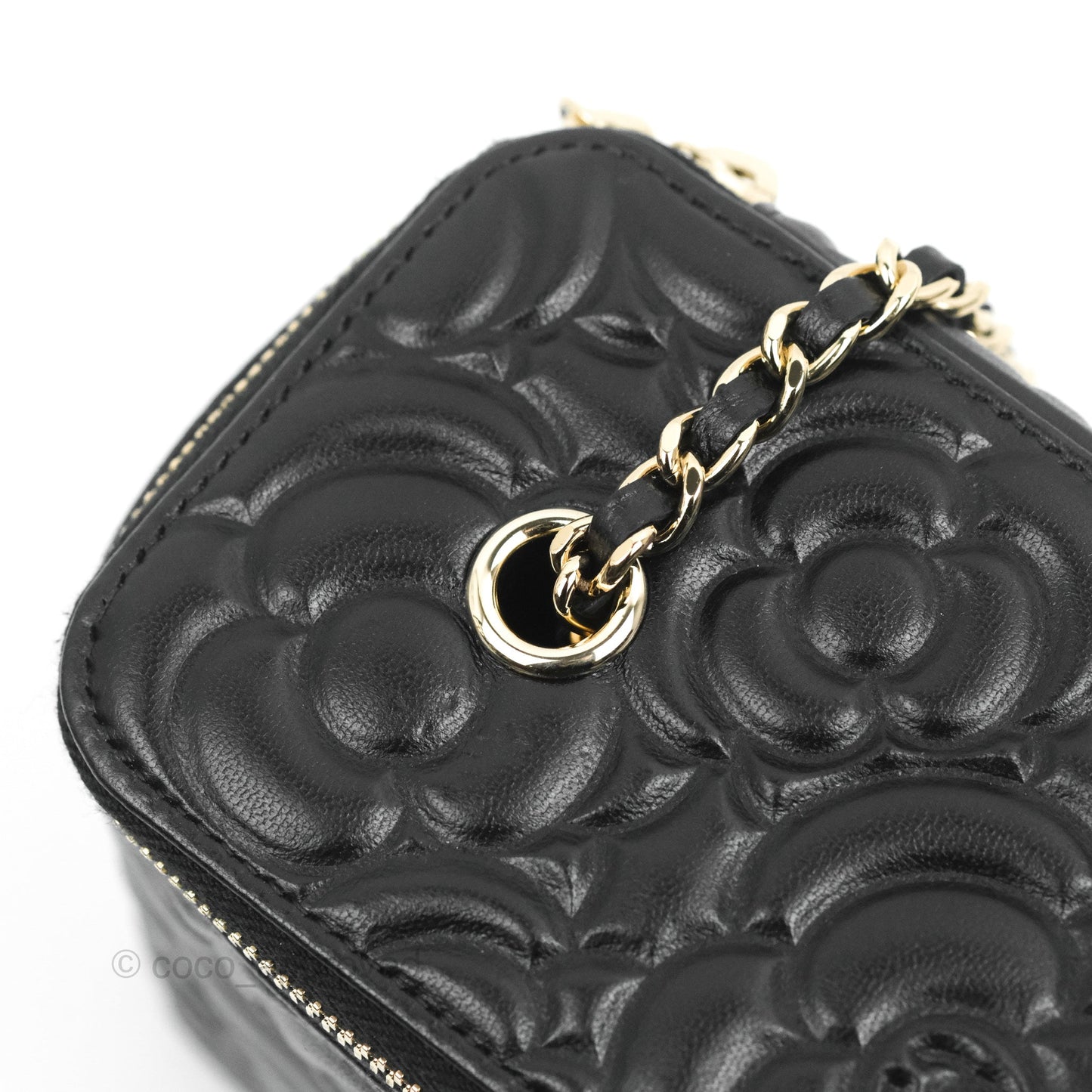 Chanel Vanity Rectangular Camellia Embossed Black Lambskin Gold Hardware